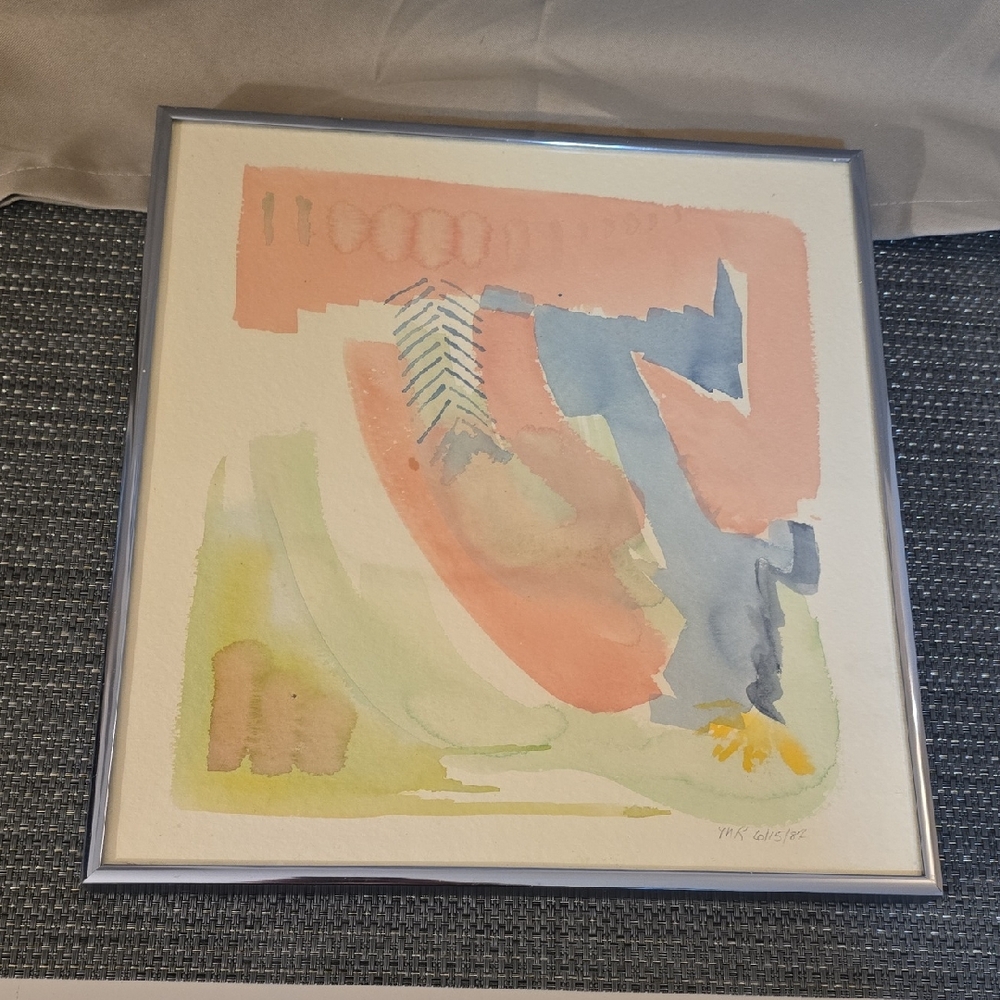 Vintage 1987 Signed Abstract Watercolor Art in Silver Frame